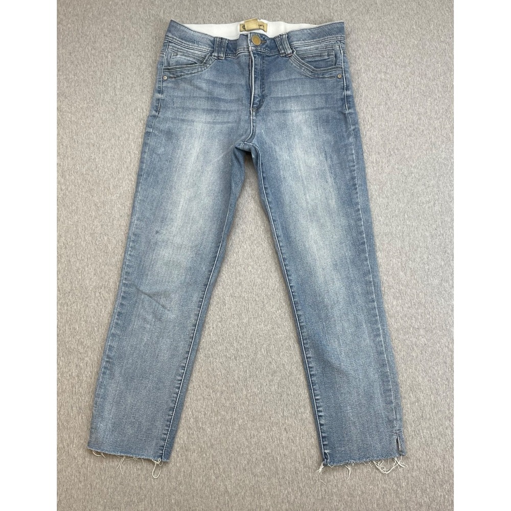 Democracy Jeans Womens 10 Blue Cotton Blend Stretch Mid-Rise Straight Frayed Hem